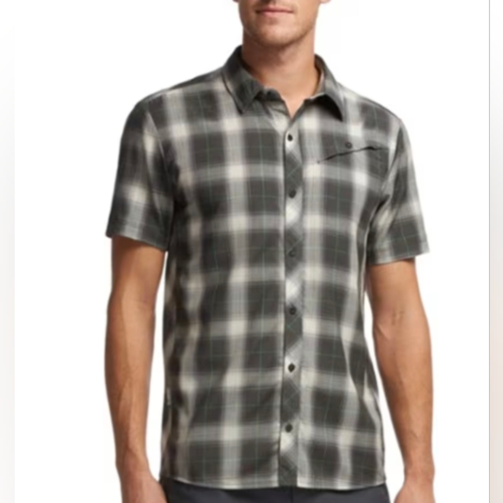 Icebreaker Merino Departure Short Sleeve Button Down Plaid Shirt Grey Green S